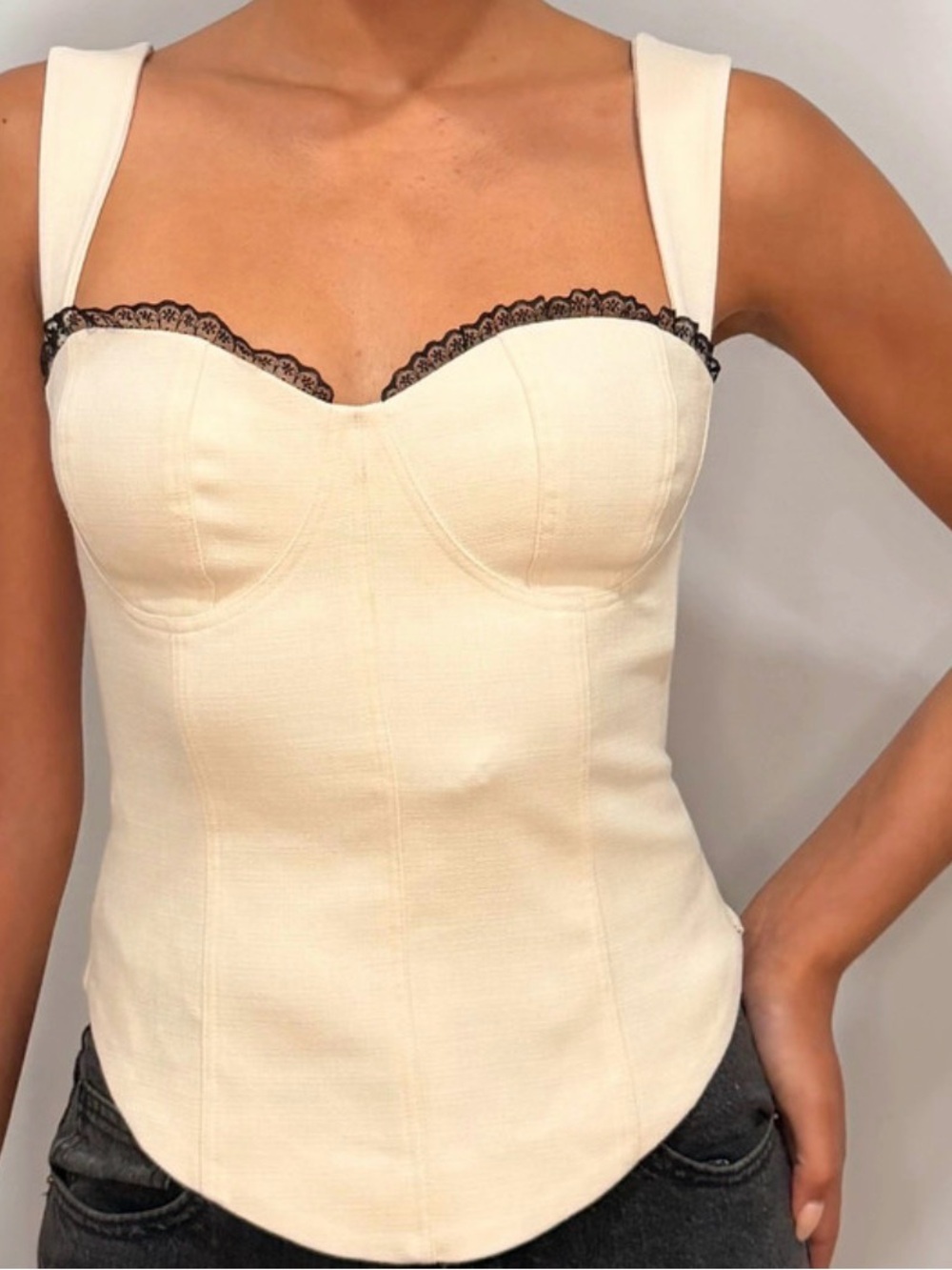 Reformation Cream Bustier Tank with Black Lace Trim